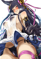 Rule 34 | 1girl, animal ears, armlet, backless dress, backless outfit, bare shoulders, bell, bikini, bikini under clothes, black bikini, black gloves, black hair, blunt bangs, blush, breasts, commentary request, covered navel, dress, elbow gloves, erune, fox ears, fox tail, gloves, granblue fantasy, grin, hair bell, hair ornament, hair ribbon, hip focus, jewelry, large breasts, leg ribbon, long hair, pija (pianiishimo), purple eyes, purple ribbon, ribbon, see-through, side-tie bottom, sideboob, simple background, smile, solo, sweat, swimsuit, tail, thigh ribbon, white background, white dress, yuel (granblue fantasy)
