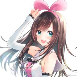 Rule 34 | 1girl, absurdres, aqua eyes, arm up, artist name, bare shoulders, bow, bowtie, breasts, brown hair, buttons, detached sleeves, double-breasted, floating hair, from side, hair between eyes, hair bow, hairband, highres, holding hairband, kizuna ai, kizuna ai inc., lace-trimmed sleeves, lace trim, lens flare, light blush, long hair, looking at viewer, medium breasts, multicolored hair, nikku(user grkf3753), open mouth, pink hairband, ribbon, sailor collar, shirt, sideboob, simple background, sleeveless, sleeveless shirt, sleeves past wrists, smile, streaked hair, swept bangs, tareme, upper body, virtual youtuber, white background, white sleeves