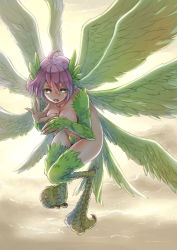 Rule 34 | + +, 1girl, ahoge, bad id, bad pixiv id, breasts, claws, cleavage, covering privates, covering breasts, feathered wings, feathers, green eyes, harpy, monster girl, multiple wings, nucomas, nude, original, pink hair, short hair, solo, winged arms, wings