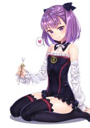 Rule 34 | 1girl, black thighhighs, bow, breasts, commentary, detached collar, detached sleeves, dress, fate/grand order, fate (series), hair bow, heart, helena blavatsky (fate), highres, matsuryuu, mimikaki, purple eyes, purple hair, sitting, small breasts, smile, spoken heart, strapless, strapless dress, thighhighs, wariza, white background