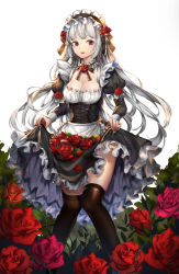 Rule 34 | 1girl, :d, black thighhighs, breasts, cleavage, clothes lift, dermiss, dress, dress lift, flower, long hair, maid, maid headdress, open mouth, original, purple eyes, rose, silver hair, skirt basket, smile, solo, thighhighs, underbust