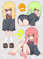 Rule 34 | 3girls, ass, barefoot, bent over, black shorts, black skirt, blonde hair, blush, bow, brown eyes, brown footwear, cardigan, closed mouth, commentary, diagonal-striped bow, dolphin shorts, fang, green eyes, green hair, grey background, grey cardigan, hand up, highres, inkling, inkling girl, inkling player character, loafers, long hair, long sleeves, loose socks, multiple girls, naga u, nintendo, open mouth, pink hair, pleated skirt, pointy ears, puffy long sleeves, puffy sleeves, purple eyes, red bow, school uniform, shoes, short shorts, shorts, shorts under skirt, simple background, sitting, skirt, sleeves past wrists, smile, socks, soles, splatoon (series), standing, symbol-only commentary, unworn socks, white socks