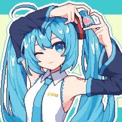 Rule 34 | 1girl, ahoge, amefu luna, arms up, blue eyes, blue hair, blue necktie, blush, closed mouth, detached sleeves, hatsune miku, heart, heart hands, highres, long hair, long sleeves, looking at viewer, necktie, one eye closed, pixel art, smile, solo, twintails, vocaloid
