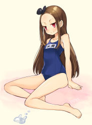 Rule 34 | 1girl, bare shoulders, barefoot, blue one-piece swimsuit, blush, breasts, brown hair, character name, ereraero, from side, full body, gradient background, half-closed eyes, idolmaster, idolmaster (classic), long hair, minase iori, one-piece swimsuit, pink background, purple eyes, rabbit, school swimsuit, sitting, small breasts, smile, solo, swimsuit, very long hair