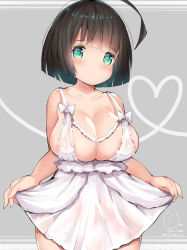 Rule 34 | 1girl, ahoge, aqua eyes, areola slip, bare arms, bare shoulders, black hair, blush, bow, breasts, cisyo, cleavage, closed mouth, collarbone, commentary request, cowboy shot, dated, heart, large breasts, lingerie, looking at viewer, negligee, original, panties, see-through, short hair, signature, solo, twitter username, underwear, underwear only, white bow, white panties