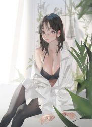 Rule 34 | 1girl, black bra, black hair, black pantyhose, bra, breasts, cleavage, collared shirt, glasses, highres, jung wonjo, large breasts, long sleeves, looking at viewer, loose clothes, loose shirt, medium hair, open clothes, open shirt, original, pantyhose, partially undressed, plant, purple eyes, round eyewear, shirt, sitting, solo, unbuttoned, unbuttoned shirt, underwear, white background, white shirt