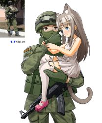 Rule 34 | 1boy, 1girl, absurdres, animal ears, artist name, balaclava, blue eyes, brown eyes, brown hair, carrying, carrying person, cat ears, cat tail, child, cowboy shot, dress, gloves, grey dress, grey thighhighs, helmet, highres, kalashnikov rifle, military, military uniform, nisp art, original, personification, photo-referenced, photo inset, pink footwear, reference inset, ribbon of saint george, russian commentary, shoes, simple background, tail, thighhighs, uniform