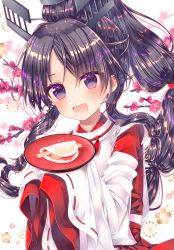 Rule 34 | 1girl, :o, black hair, blue eyes, blurry, blush, commentary request, fang, floral background, food, food request, hands up, head tilt, japanese clothes, kantai collection, kimono, long hair, long sleeves, looking at viewer, mochi, nemuri nemu, nisshin (kancolle), open mouth, plate, ribbon-trimmed sleeves, ribbon trim, sidelocks, sleeves past fingers, sleeves past wrists, solo, upper body, white background, white kimono, wide sleeves