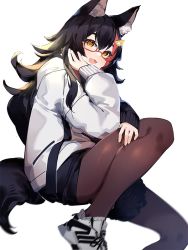 Rule 34 | 1girl, :3, :d, animal ear fluff, animal ears, black hair, brown eyes, brown pantyhose, head rest, hololive, jacket, long hair, looking at viewer, mania (fd6060 60), multicolored hair, ookami mio, ookami mio (casual), open mouth, pantyhose, red hair, shoes, simple background, smile, sneakers, solo, streaked hair, tail, tail wrap, virtual youtuber, white background, wolf ears