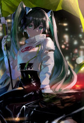 Rule 34 | 1girl, absurdres, aqua eyes, aqua hair, commentary request, cropped jacket, expressionless, flag, flagpole, gloves, goodsmile racing, hatsune miku, highres, holding, holding flag, holding pole, jacket, karasuro, long hair, pole, racing miku, racing miku (2022), shiny clothes, sitting, solo, twintails, very long hair, vocaloid, white jacket