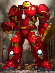 Rule 34 | armor, clenched hands, debris, full armor, full body, gauntlets, hulkbuster, iron man, kfr, legs apart, looking at viewer, marvel, no humans, standing