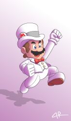Rule 34 | 1boy, blue eyes, bow, bowtie, brown hair, facial hair, formal, full body, gloves, grin, hand up, hat, highres, mario, mario (series), mustache, nintendo, open mouth, running, shadow, sideburns, smile, suit, super mario odyssey