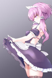 Rule 34 | 1girl, bare back, bare shoulders, black panties, blush, breasts, clothes lift, commentary request, detached sleeves, dress, dress lift, frills, from side, gloves, hair ornament, highres, lifted by self, long hair, maid, maid headdress, medium breasts, panties, pon (shind 997), purple dress, purple eyes, purple gloves, purple hair, short hair with long locks, short sleeves, smile, solo, thigh strap, underwear, voiceroid, yuzuki yukari