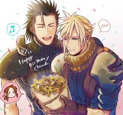 Rule 34 | 1girl, 2b fff, 2boys, aerith gainsborough, arm around shoulder, armor, black hair, blonde hair, blue eyes, blush, bouquet, brown hair, chibi, cloud strife, earrings, closed eyes, final fantasy, final fantasy vii, flower, hair ribbon, holding, holding bouquet, jewelry, lower teeth only, multiple boys, musical note, open mouth, ribbon, shoulder armor, single bang, single earring, sleeveless, sleeveless turtleneck, sleeves rolled up, smile, spiked hair, suspenders, teeth, turtleneck, upper teeth only, zack fair