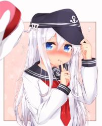 Rule 34 | 10s, 1girl, anchor symbol, blue eyes, blush, box, commentary, finger to mouth, flat cap, gift, gift box, hair between eyes, hat, hibiki (kancolle), highres, kantai collection, long hair, looking at viewer, neckerchief, open mouth, rouka (akatyann), school uniform, serafuku, silver hair, solo focus, upper body, valentine