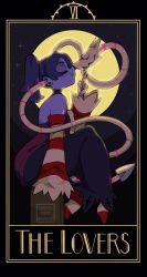 Rule 34 | 1girl, 2021, blue hair, blue skin, blush, colored skin, detached collar, detached sleeves, exposed bone, closed eyes, full moon, hand on own chin, highres, joanna went bananas, leviathan (skullgirls), moon, sitting, skeleton, skullgirls, smile, solo, squigly (skullgirls), stitched mouth, stitches, striped, stroking own chin, tarot, zombie