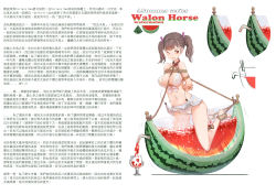 Rule 34 | 1girl, absurdres, bdsm, bikini, bondage, bound, brown eyes, brown hair, chinese text, clothes lift, collar, food, fruit, highres, juice, lamb (artist), rope, skirt, skirt lift, swimsuit, text focus, translation request, twintails, watermelon, wooden horse