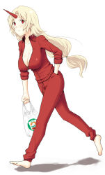 Rule 34 | 1girl, alternate costume, barefoot, blonde hair, breasts, cleavage, contemporary, covered erect nipples, feet, female focus, full body, hands in pockets, hiroya juuren, horns, hoshiguma yuugi, large breasts, oni, pun, red eyes, simple background, single horn, sleeves pushed up, solo, sweater, touhou, track suit, unzipped