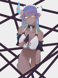 Rule 34 | 1girl, absurdres, bare shoulders, bikini, bikini top only, black collar, blue hair, bow, bow bikini, breasts, bridal gauntlets, broken horn, chain, cleavage, closed mouth, collar, collarbone, commentary, demon girl, demon horns, gradient hair, grain, groin, hair between eyes, hand on own chest, highres, horns, kneeling, large breasts, long hair, looking at viewer, maid headdress, multicolored hair, navel, original, pointy ears, purple hair, red bow, sidelocks, solo, stomach, swimsuit, white background, white bikini, wrist cuffs, yellow eyes