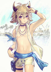 Rule 34 | 1boy, animal ears, arknights, beach, bison (arknights), blonde hair, bracelet, choker, cow ears, cow horns, hair ornament, hairclip, horns, jewelry, male focus, necklace, nipples, open clothes, outdoors, palm tree, pouch, sash, short hair, shorts, sleeveless, solo, sweat, tree, vest, yoruhachi