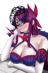Rule 34 | 1girl, absurdres, blush, breasts, cleavage, crown, fire emblem, fire emblem engage, grill, highres, ivy (fire emblem), large breasts, leaning on table, light blush, mask, mask on head, mole, mole under mouth, nintendo, purple eyes, purple hair, resolution mismatch, sitting, solo, source smaller, thinking, zinfian
