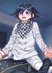 2boys :d black_hair buttons checkered_clothes checkered_scarf commentary_request danganronpa_(series) danganronpa_v3:_killing_harmony double-breasted esu_(tasoesu) feet_out_of_frame hair_between_eyes highres indoors jacket long_sleeves looking_down male_focus multicolored_hair multiple_boys oma_kokichi open_mouth pants purple_eyes purple_hair saihara_shuichi scarf short_hair sitting smile solo_focus straitjacket striped_clothes striped_jacket teeth two-tone_hair upper_teeth_only vertical_stripes white_jacket white_pants yaoi