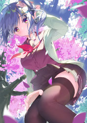 Rule 34 | 1girl, absurdres, blue hair, blush, brown skirt, cardigan, clothes lift, cowboy shot, dutch angle, falling petals, flower, from below, hair flower, hair ornament, haku89, highres, long sleeves, looking at viewer, madoi shiroki no kamikakushi, miniskirt, multicolored eyes, open cardigan, open clothes, outdoors, parted lips, petals, pleated skirt, purple eyes, red scarf, red shirt, sailor collar, scarf, school uniform, shirt, short hair, skirt, skirt lift, solo, standing, swept bangs, takano shiina, thighhighs, thighs, tree, under tree, white cardigan, wind, wind lift, yellow eyes
