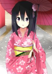 Rule 34 | 1girl, black hair, hair down, highres, japanese clothes, k-on!, kimono, kokumu, long hair, nakano azusa, oil-paper umbrella, purple eyes, umbrella