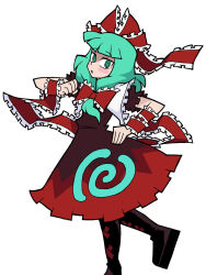 Rule 34 | 1girl, arm ribbon, black footwear, bow, cross-laced footwear, dress, eddybird55555, frilled ribbon, frills, front ponytail, green eyes, green hair, hair bow, hair ribbon, highres, kagiyama hina, long hair, looking at viewer, open mouth, parody, red bow, red dress, red ribbon, ribbon, ringed eyes, simple background, solo, style parody, touhou, vanripper (style), white background
