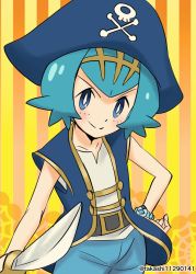 Rule 34 | 1girl, alternate costume, belt, blue coat, blue eyes, blue hair, blush, bracelet, bright pupils, closed mouth, coat, commentary request, creatures (company), freckles, game freak, hairband, hand on own hip, hat, highres, holding, holding sword, holding weapon, jewelry, lana (pokemon), logo, looking at viewer, nintendo, no sclera, open clothes, open coat, pants, pirate costume, pirate hat, pokemon, pokemon (anime), pokemon sm (anime), shinohara takashi, shirt, short hair, smile, solo, sword, twitter username, weapon, white pupils, white shirt, yellow hairband, z-ring