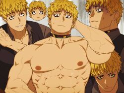 Rule 34 | 1boy, abs, bara, blonde hair, character request, chibi, chibi inset, collar, copyright request, kalium (jojajoja99999), large pectorals, long sideburns, looking at viewer, male focus, multiple views, muscular, muscular male, navel, nervous, nervous smile, nipples, nude, pectoral cleavage, pectorals, scratching head, short hair, sideburns, smile, strongman waist, upper body, veins, veiny arms