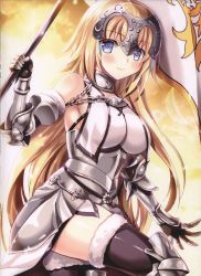 Rule 34 | 1girl, absurdres, armor, armored boots, armored dress, banner, black thighhighs, blonde hair, blue eyes, blush, boots, breasts, breasts apart, chain, day, dress, fate/apocrypha, fate (series), floating hair, fukase ayaka, fur trim, gauntlets, hair ornament, highres, holding, holding weapon, jeanne d&#039;arc (fate), jeanne d&#039;arc (ruler) (fate), jeanne d&#039;arc (third ascension) (fate), large breasts, leg up, long hair, looking at viewer, outdoors, scan, shiny skin, sideboob, simple background, sleeveless, sleeveless dress, smile, solo, thighhighs, very long hair, weapon, white dress