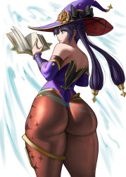 Rule 34 | 1girl, ass, bare shoulders, book, detached sleeves, from behind, genshin impact, green eyes, hair ornament, hair ribbon, hat, highres, huge ass, jiuukek, leotard, long hair, looking away, mona (genshin impact), pantyhose, purple hair, ribbon, shiny clothes, simple background, solo, thick thighs, thighlet, thighs, twintails, very long hair, wide hips