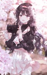 Rule 34 | 1girl, :d, black hair, black shirt, blurry, blurry background, blurry foreground, camera, cardcaptor sakura, commentary request, daidouji tomoyo, day, depth of field, flower, hair intakes, hairband, highres, holding, holding camera, long hair, long sleeves, looking at viewer, mattang, open mouth, outdoors, pink hairband, pleated skirt, purple eyes, sailor collar, school uniform, serafuku, shirt, skirt, smile, solo, standing, very long hair, white flower, white sailor collar, white skirt