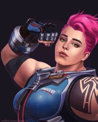 Rule 34 | 1girl, armor, artist name, breasts, clenched hand, dated, fingerless gloves, flexing, gloves, green eyes, highres, lips, looking at viewer, medium breasts, muscular, muscular female, nail polish, nose, overwatch, overwatch 1, pink hair, pink nails, realistic, ruthie hammerschlag, scar, short hair, signature, sleeveless, smile, solo, tattoo, upper body, zarya (overwatch)