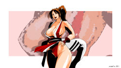 Rule 34 | 1girl, bare shoulders, breasts, brown hair, curvy, edo shigezu, female focus, groin, highres, hip focus, huge breasts, japanese clothes, kimono, long hair, open mouth, ponytail, shiranui mai, snk, solo, standing, the king of fighters, wide hips