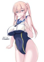 Rule 34 | 1girl, black one-piece swimsuit, blonde hair, blue sailor collar, competition swimsuit, cowboy shot, crop top, crop top overhang, dated, graf zeppelin (kancolle), grey eyes, hair between eyes, highres, kantai collection, long hair, looking at viewer, montemasa, one-hour drawing challenge, one-piece swimsuit, sailor collar, sailor shirt, shirt, sidelocks, simple background, sleeveless, solo, swimsuit, swimsuit under clothes, twintails, twitter username, white background