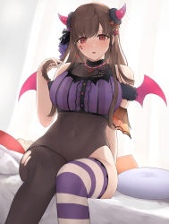 Rule 34 | 1girl, asymmetrical legwear, bed sheet, black bodysuit, blush, bodysuit, brown hair, covered navel, crop top, cushion, demon horns, demon wings, feet out of frame, highres, horns, idolmaster, idolmaster shiny colors, indoors, long hair, looking at viewer, n9at, on bed, purple shirt, red eyes, shirt, sitting, skin tight, solo, sonoda chiyoko, star sticker, sticker on face, straight hair, striped clothes, striped thighhighs, thighhighs, torn bodysuit, torn clothes, white curtains, wings