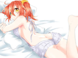 Rule 34 | 1girl, ass, bed sheet, butt crack, fate/grand order, fate (series), fujimaru ritsuka (female), grey ribbon, grey sweater, hair between eyes, hair ornament, hair scrunchie, looking at viewer, lying, meme attire, hugging object, on stomach, pillow, pillow hug, red hair, scrunchie, shino-o, side ponytail, solo, sweater, virgin killer sweater, yellow eyes, yellow scrunchie
