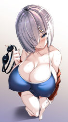 Rule 34 | 1girl, barefoot, blue eyes, blue one-piece swimsuit, breasts, competition school swimsuit, covered erect nipples, from above, goggles, hair ornament, hair over one eye, hairclip, hamakaze (kancolle), hand on leg, highres, jacket, kantai collection, large breasts, one-piece swimsuit, pointing, pointing up, red jacket, school swimsuit, silver hair, simple background, smile, solo, swimsuit, torisan