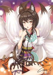 Rule 34 | 1girl, animal ears, bare shoulders, black hair, blush, breasts, chestnut mouth, dated, detached sleeves, fang, fox ears, fox tail, fur trim, girls&#039; frontline, japanese clothes, kimono, kitsune, looking at viewer, multiple tails, obi, official alternate costume, parted lips, sash, short hair with long locks, short kimono, signature, sitting, small breasts, solo, swept bangs, tail, twitter username, type 79 (girls&#039; frontline), type 79 (nine-tail fox) (girls&#039; frontline), unel1211, wide sleeves, yellow eyes