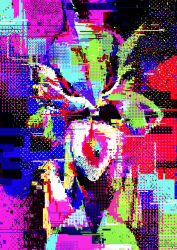Rule 34 | 1other, abstract, absurdres, black sclera, colored sclera, colored skin, colorful, creatures (company), game freak, glitch, green hair, hair between eyes, head tilt, highres, humanoid robot, iron valiant, looking at viewer, medium hair, mohawk, multicolored background, nintendo, other focus, otonoha aika, pokemon, pokemon (creature), red eyes, robot, solo, standing, straight-on, twintails, upper body, white skin