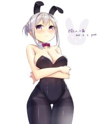 Rule 34 | 1girl, animal ears, black pantyhose, blush, bow, bowtie, braid, breast hold, breasts, cleavage, cowboy shot, crossed arms, dated, detached collar, fake animal ears, french braid, garnet, highres, large breasts, leotard, original, pantyhose, playboy bunny, purple eyes, rabbit ears, short hair, short ponytail, silver hair, simple background, solo, sweatdrop, thigh gap, thighband pantyhose