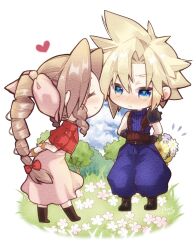 1boy 1girl aerith_gainsborough arestear0701 armor arms_behind_back artist_name baggy_pants bangle belt blonde_hair blue_eyes blue_pants blush boots border bouquet bracelet braid braided_ponytail brown_belt brown_footwear brown_hair chibi closed_eyes cloud_strife cropped_jacket dress earrings field final_fantasy final_fantasy_vii final_fantasy_vii_rebirth final_fantasy_vii_remake flower flower_field full_body hair_between_eyes hair_ribbon heart hetero highres holding holding_bouquet jacket jewelry long_dress long_hair multiple_belts nature outdoors pants parted_bangs pink_dress pink_ribbon puffy_short_sleeves puffy_sleeves red_jacket ribbon short_hair short_sleeves shoulder_armor sidelocks single_bare_shoulder single_braid single_earring single_shoulder_pad smile spiked_hair stud_earrings suspenders tree white_border