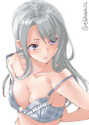 Rule 34 | 1girl, adjusting bra, adjusting clothes, arms behind back, blue bra, blush, bra, breasts, checkered bra, checkered clothes, collarbone, ebifurya, highres, kantai collection, long hair, open mouth, purple eyes, sagiri (kancolle), silver hair, simple background, small breasts, solo, twitter username, underwear, upper body, white background