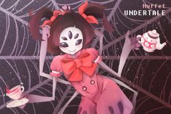 Rule 34 | 1girl, bow, bug, colored skin, extra arms, extra eyes, fangs, arthropod girl, monster girl, muffet, purple skin, ribbon, solo, spider, spider girl, tea, teapot, twintails, undertale