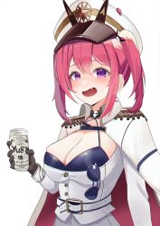 Rule 34 | 1girl, :d, beer can, belt, bikini, bikini under clothes, black bikini, black gloves, blush, breasts, can, cleavage, coat, drink can, eyewear hang, fang, gloves, goddess of victory: nikke, hat, highres, holding, jacket, large breasts, mast (nikke), military hat, open mouth, peaked cap, pink eyes, red coat, red hair, short twintails, shorts, sidelocks, skin fang, skull choker, smile, solo, sunglasses, swimsuit, twintails, two-sided coat, two-sided fabric, unworn eyewear, white coat, white jacket, white shorts, yusya (yusya3979)