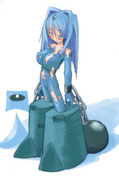 Rule 34 | 1girl, ball &amp; chain, blue eyes, blue hair, blush, boots, breasts, chain, freezam, large breasts, masha, matching hair/eyes, meteos, personification, solo