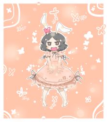 Rule 34 | 1girl, animal ears, barefoot, black hair, bow, rabbit ears, dress, ear ribbon, female focus, full body, grey eyes, hair bow, inaba tewi, inishie, open mouth, solo, standing, touhou