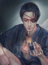 Rule 34 | 1boy, arm on knee, bare pectorals, black hair, blue shirt, cheekbones, chest tattoo, cigarette, closed mouth, collarbone, collared shirt, commentary, eyepatch, closed eyes, facial hair, fire, fire, forehead, goatee, highres, holding, holding cigarette, holding lighter, jewelry, jujuju, lighter, majima goro, male focus, manly, messy hair, mouth hold, mustache, necklace, open clothes, parted hair, pectorals, ryuu ga gotoku (series), shirt, sitting, smoking, solo, tattoo
